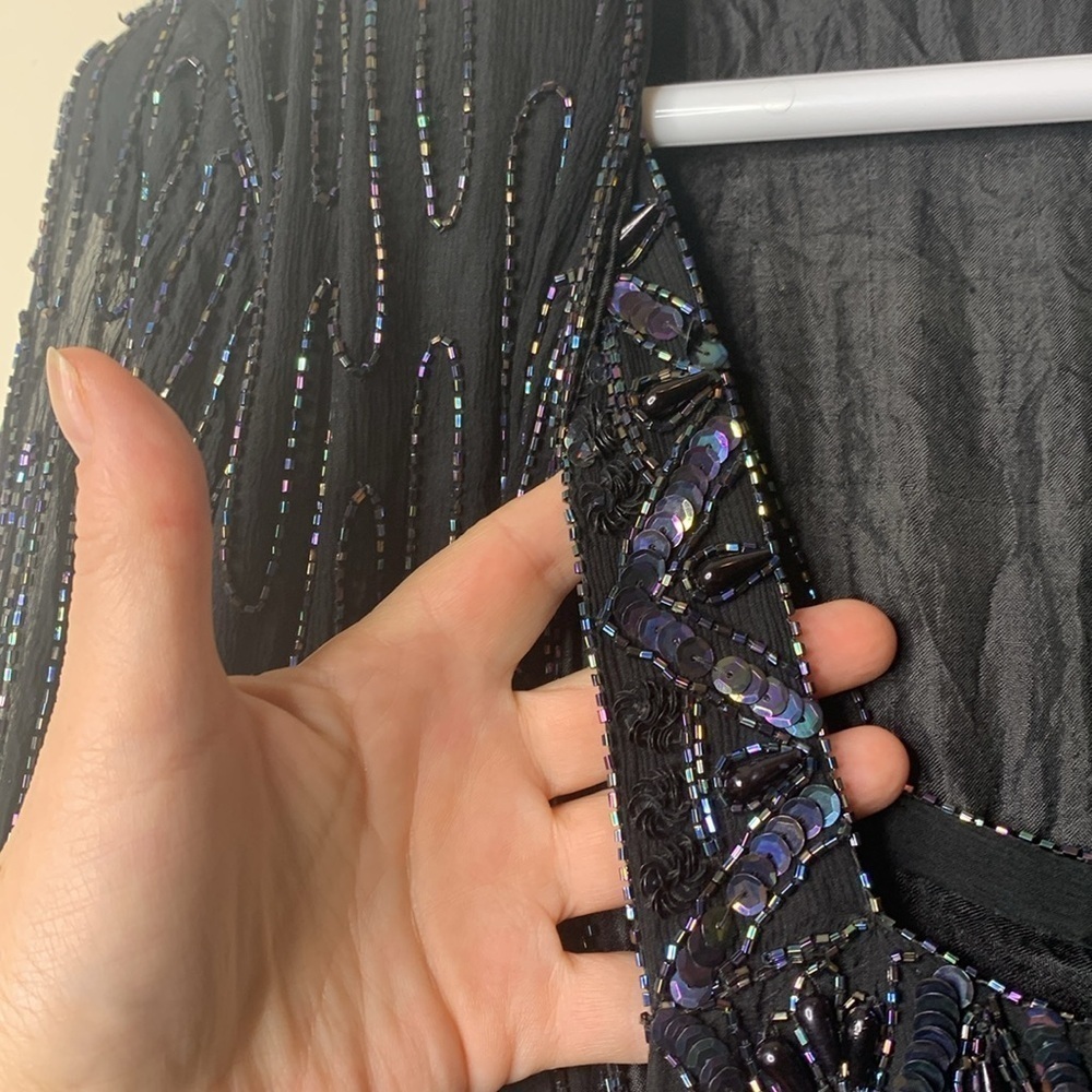 Vintage India Silk Black Beaded Sequin Cocktail Tiered Ruffle Art Deco Dress L - Picture 14 of 15